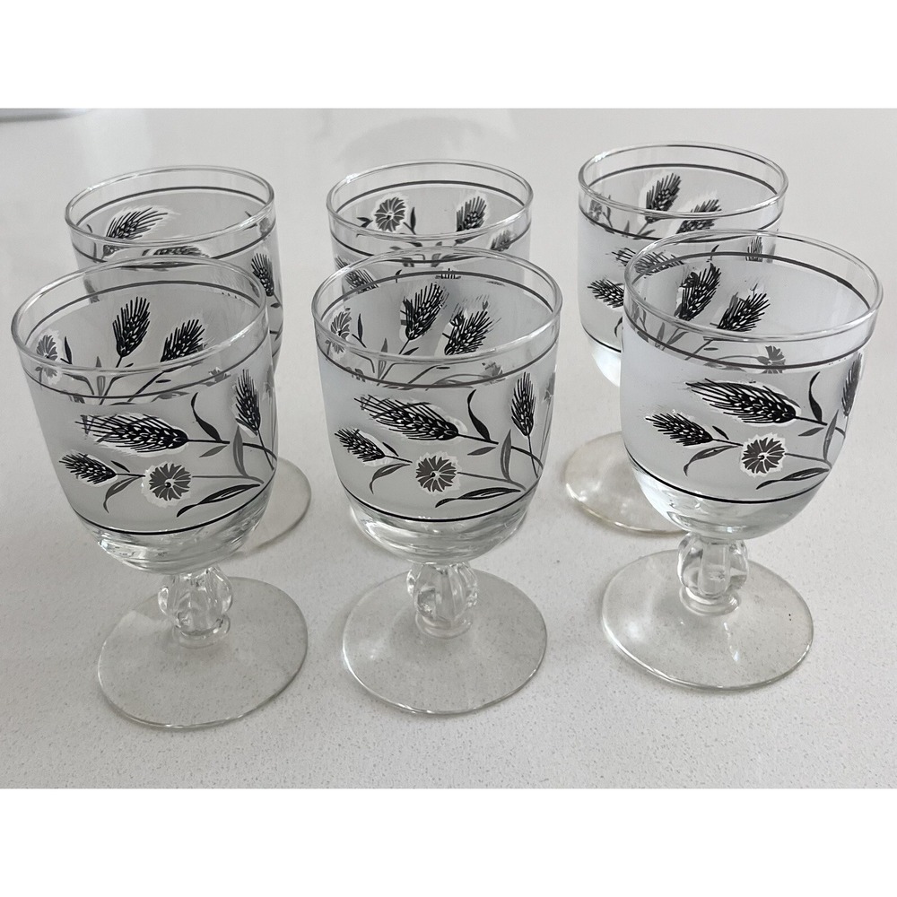 Vtg MCM Libbey Silver Wildflower & Wheat Frosted Pedestal Goblets Set Of 6